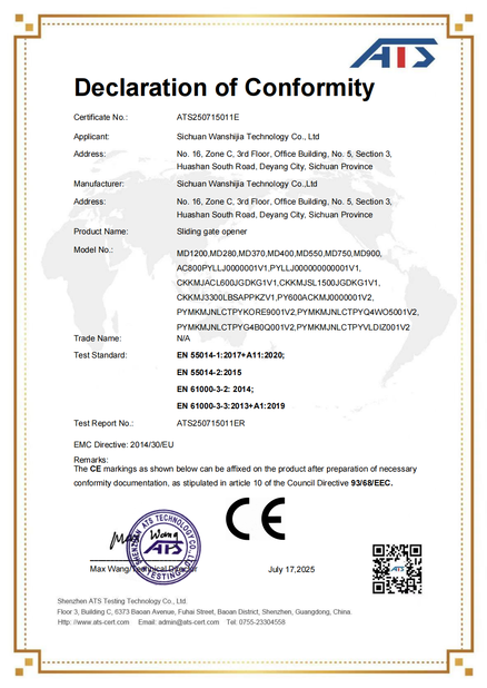 China Sichuan Wanshijia Technology Co., Ltd certification